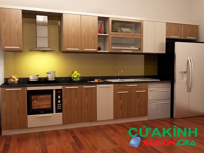 Mẫu tủ bếp nhôm kính giả vân gỗ sơn tĩnh đẹp nhất mọi thời đại